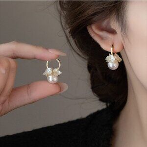 Gold Flower Hoop Pearl Cluster Dangle Earrings